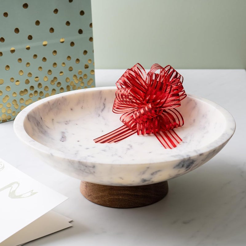 Cork & Mill Marble Decorative Bowl for Home Decor - Handcrafted Natural Stone with Acacia Wood Pedestal - Versatile 11" Catch All for Entryway, Kitchen Fruit Bowl, Potpourri, Dining Table Centerpiece - Image 5